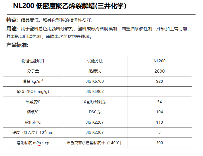三井HI-WAX NL200低密度聚乙烯裂解蜡（ PE蜡NL200）