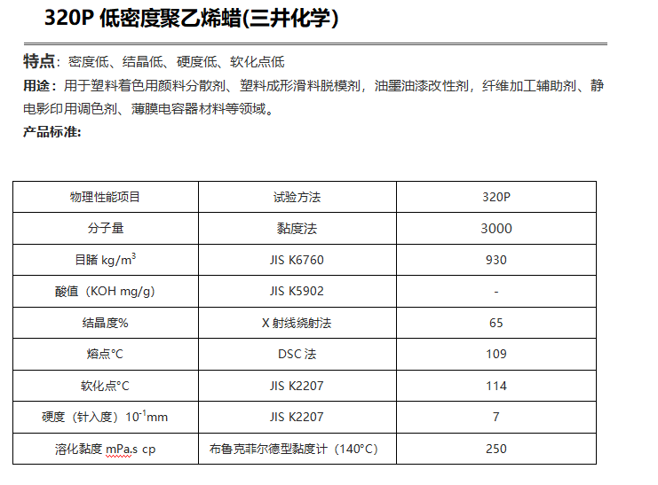三井HI-WAX 320P低密度聚乙烯蜡（ PE蜡320P ）