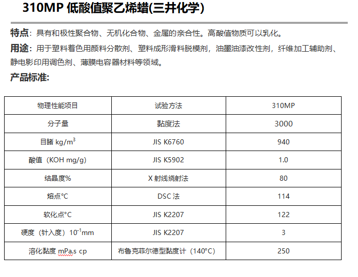 三井HI-WAX 310MP低酸值聚乙烯蜡（ PE蜡310MP ）